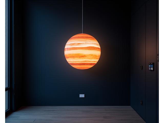 Avantgarde pendellampe formet som Jupiter hengende i et moderne rom