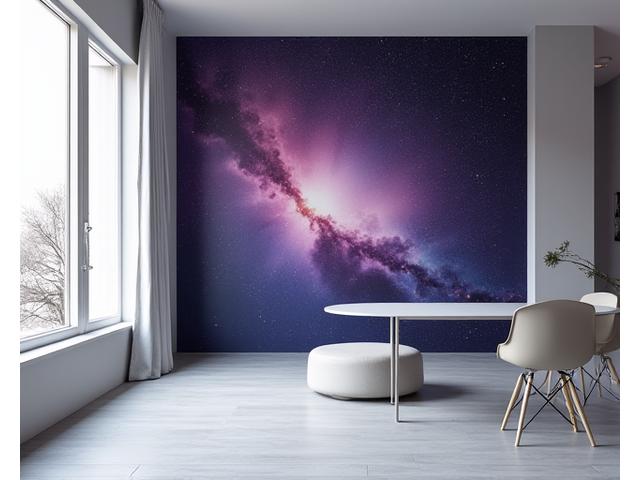 Rom med vegg tapetsert med mønster som ligner en nebula